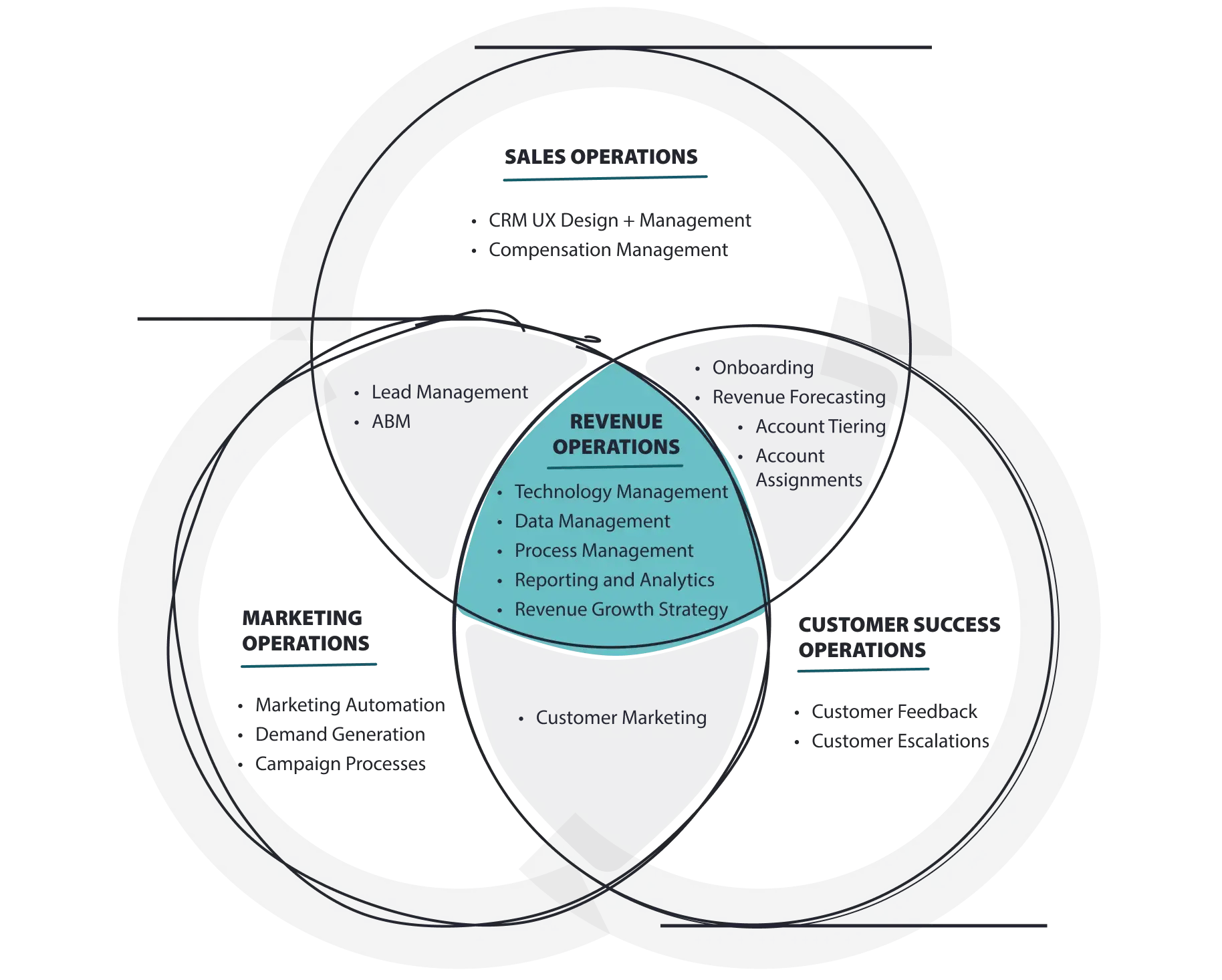 Diagram showing specific responsibilities  for each team within RevOps